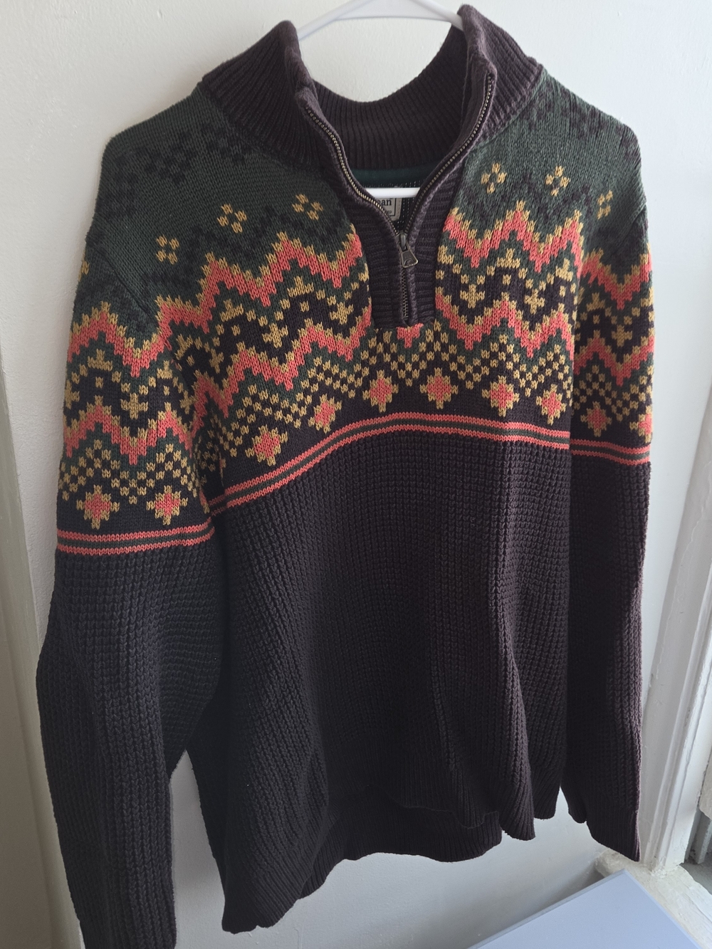 Men's Half-Zip Sweater - Dark Brown with Green and orange accent